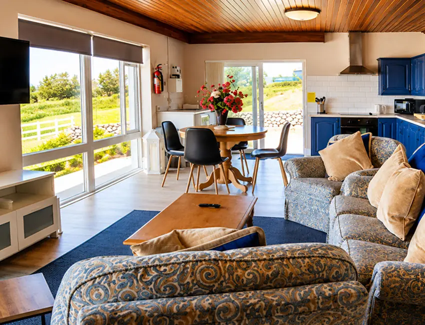 Open-plan living and dining space at Dolphin House
